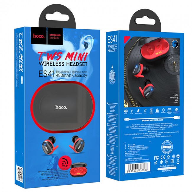 Беспроводные Bluetooth наушники Hoco ES41 Clear sound TWS Black-Red — изображение 5