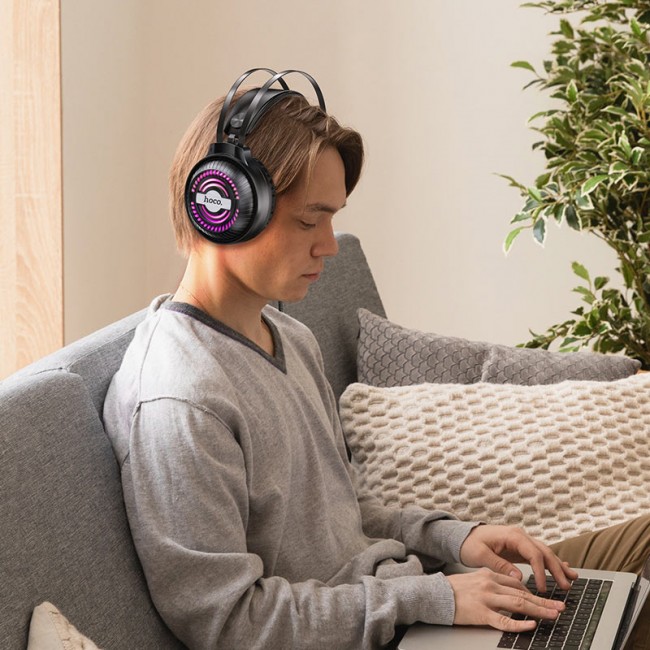 Наушники игровые проводные Hoco W101 Touring gaming headset с микрофоном и подсветкой Black — изображение 6
