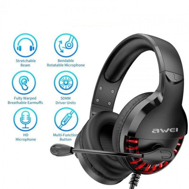 Наушники игровые для ПК с микрофоном и подсветкой проводные Awei ES-770I Black — изображение 5